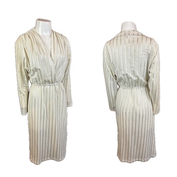 Vintage 1970s Ivory Metallic Stripe Wrap Disco Dress / Women’s XS - Picture 2 of 4